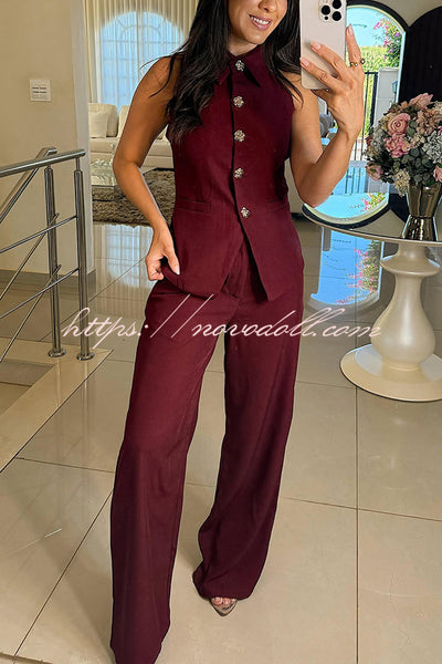 Fashion Lapel Sleeveless Button Vest and Casual Straight-leg Suit Pants Set