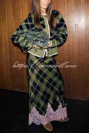 Holiday Plaid Knit Color-blocked Trim Button Long-sleeved Loose Cardigan