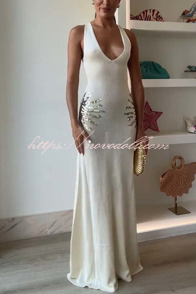 Sparkling Nights Knit Sunburst Sequin Detail Back Cross Straps Stretch Maxi Dress