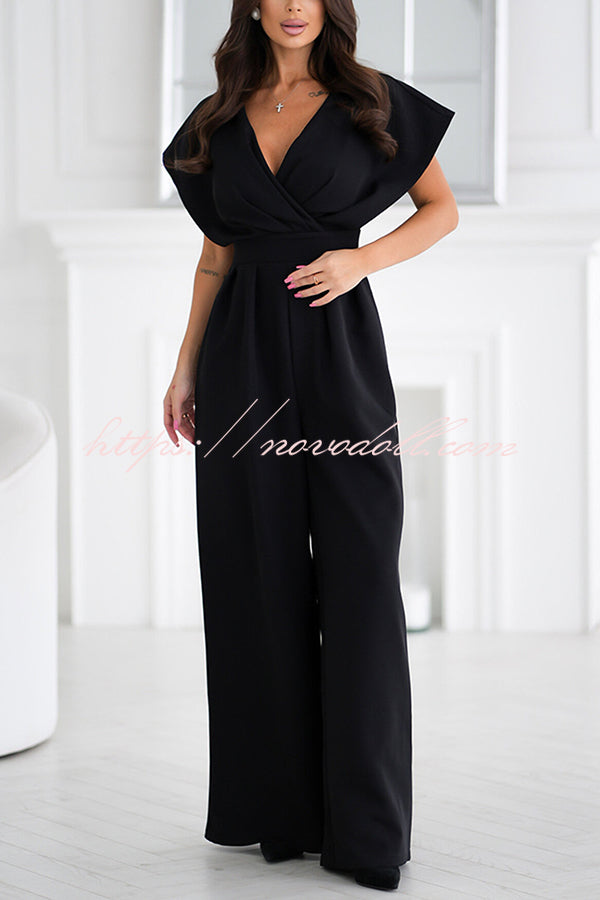 Solid Color V-neck Waist Casual Wide-leg Jumpsuit