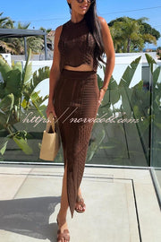 Solid Color Sleeveless Hollow Knit Crop Top and Elastic Slit Slim Midi Skirt Set