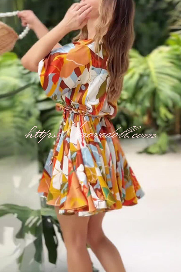 Unique Printed Round Neck Short Sleeve Waist Tie Vacation Mini Dress