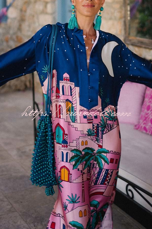 Seaside Stroll Satin Unique Print Button Up Long Sleeve Slit Kaftan Midi Dress