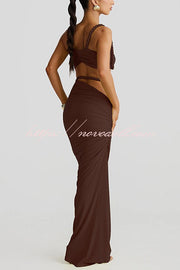 Sexy Halter Back Braided Suspender Top and Beach Holiday Style Hip-wrapped Maxi Skirt Set