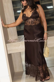 Elegant Evening Satin Lace Patchwork See-through Waist Slip Maxi Dress