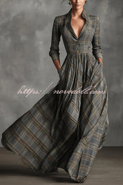 Plaid Print Long Sleeve Slim Fit Casual Pocket Maxi Dress