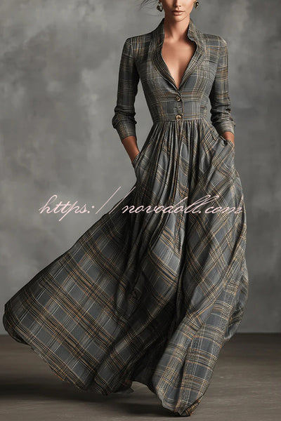 Plaid Print Long Sleeve Slim Fit Casual Pocket Maxi Dress