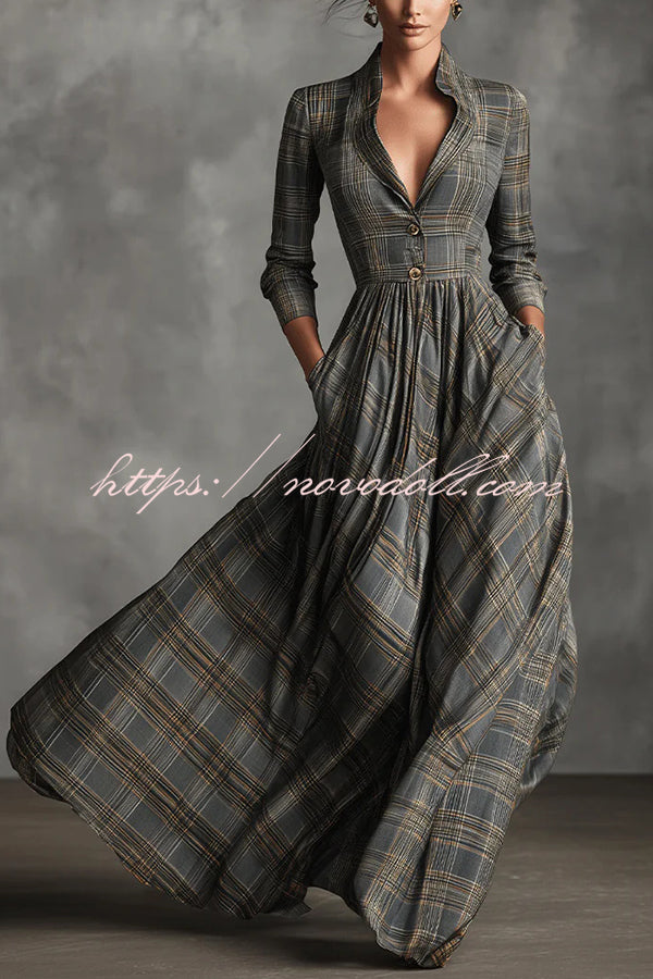 Plaid Print Long Sleeve Slim Fit Casual Pocket Maxi Dress