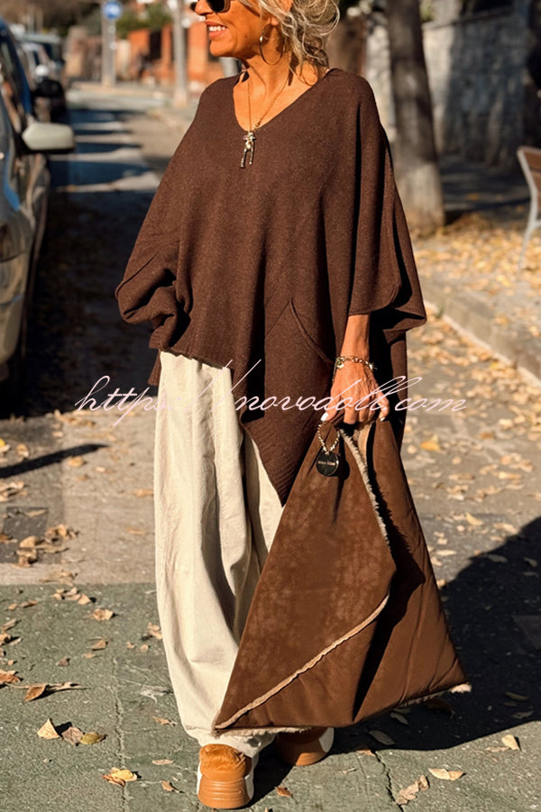 Fashion V-neck Loose Pocket Mid-length Knitted Sweater