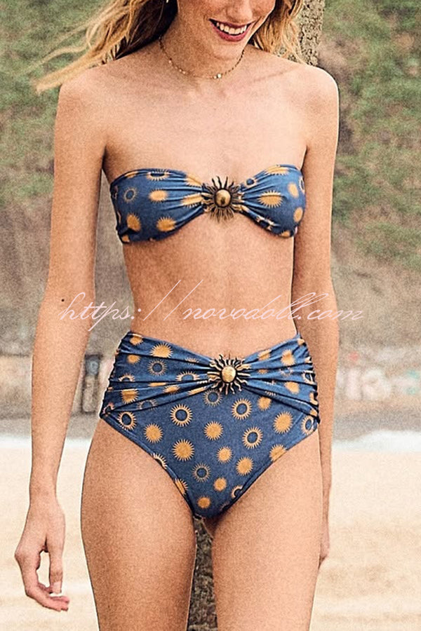 Sun Print Metal Embellishments Stretch Two-piece Bikini Swimsuit