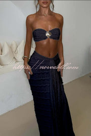 Fashion Metal Shell Embellished Sexy Bandeau and Elastic Tie Maxi Skirt Set