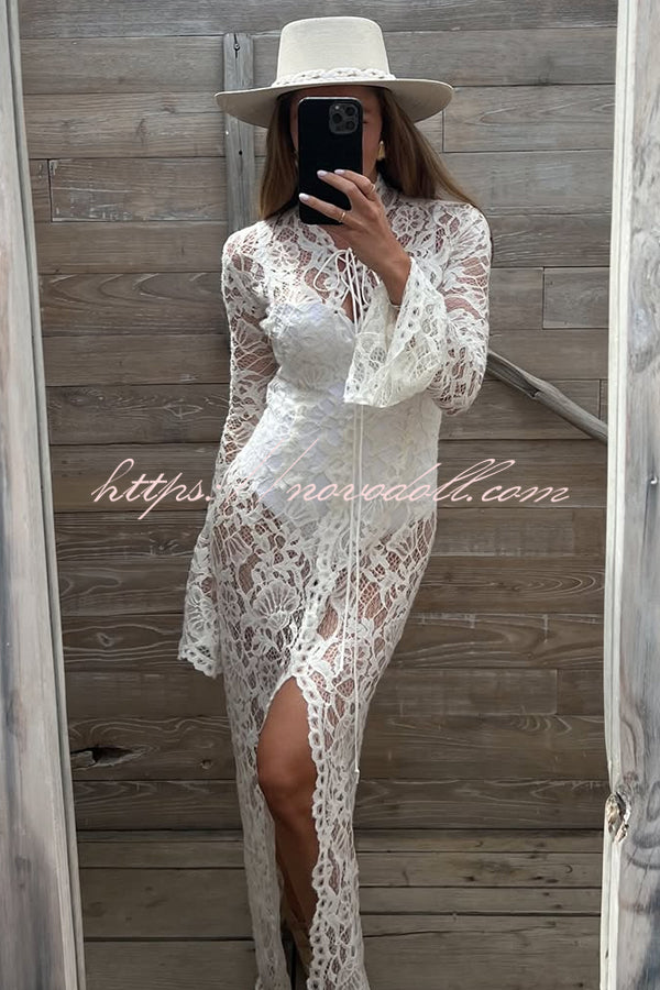 Garcelle Floral Lace Lace-up Long Bell Sleeve Slit Midi Dress