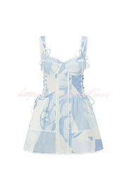 Avere Linen Blend Unique Print Scallop Trim Side Lace-up Mini Dress