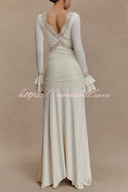 Fashion Lace Splicing Sexy V-neck Long-sleeved Slim Maxi Dress