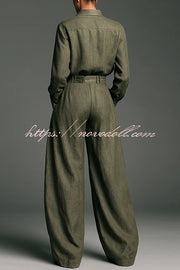 Linen Blend Lapel Long-sleeved Casual Shirt and High-waist Pocket Loose Wide-leg Pants Set