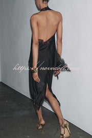 Dolly Satin Lace Trim Mid Rise Slit Drape Midi Skirt