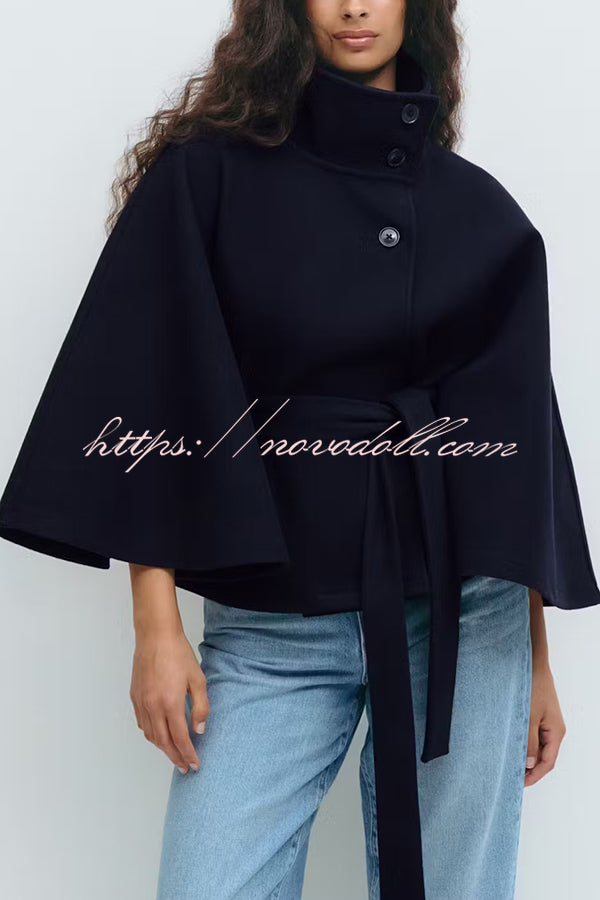 Fashionable Stand Collar Button Waist Tie Loose Cape