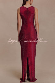 Holiday Nights Sequin Boat Neck Sleeveless Slit Maxi Dress