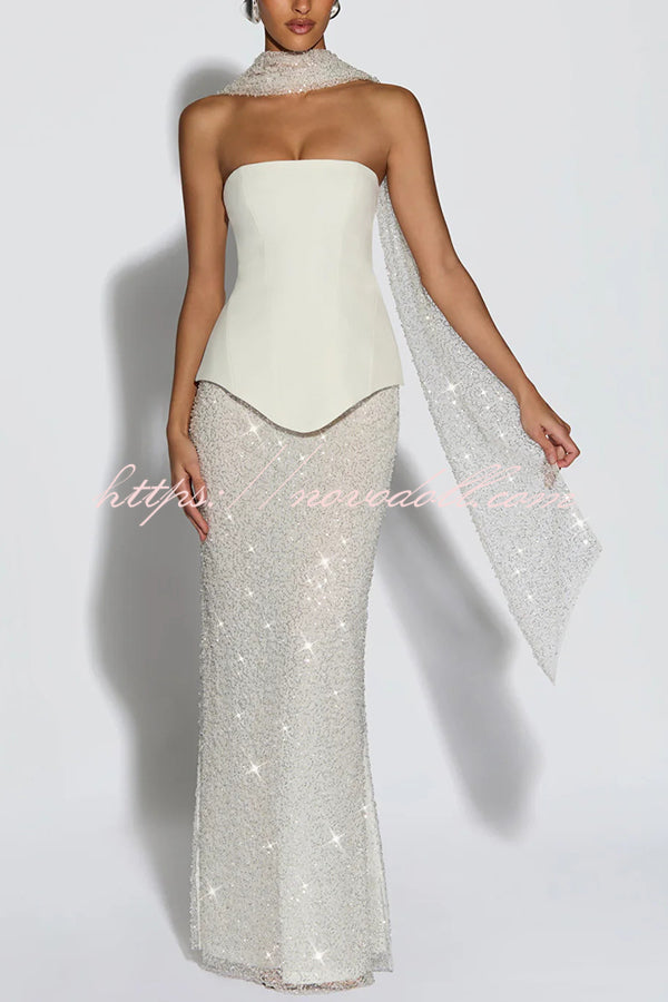 Oakley Corset Strapless Top and Sequin High Rise Maxi Skirt Scarf Set