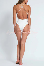 Solid Color Lace-up Flower Decoration Stretch One-piece Swimsuit