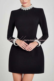 Lovers Kiss Pearl Trim High Neck Long Sleeve Pocketed Tulip Mini Dress