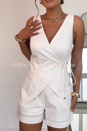 Solid Color Casual Sleeveless V-neck Top and Loose Shorts Set