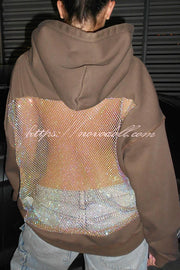 Fashionable Shiny Mesh Hollow Back Loose Long-sleeved Hooded Sweatshirt