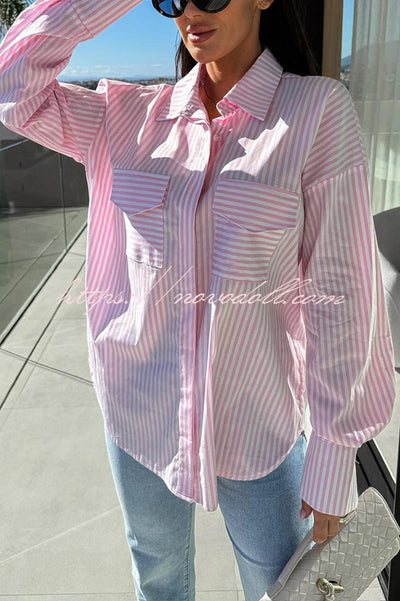 Stripe Print Lapel Long Sleeve Pocket Casual Shirt