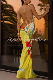 Luisa Satin Floral Print Cowl Neck Sexy Open Back Tie-up Maxi Dress