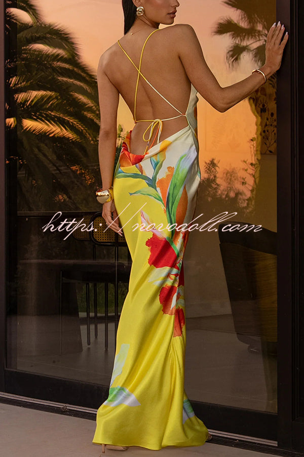 Luisa Satin Floral Print Cowl Neck Sexy Open Back Tie-up Maxi Dress