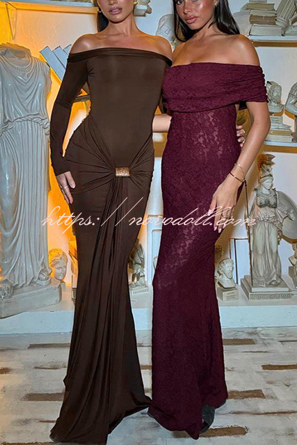 Naia Off Shoulder Long Sleeve Metal Buckle Adjustment Drape Stretch Maxi Dress