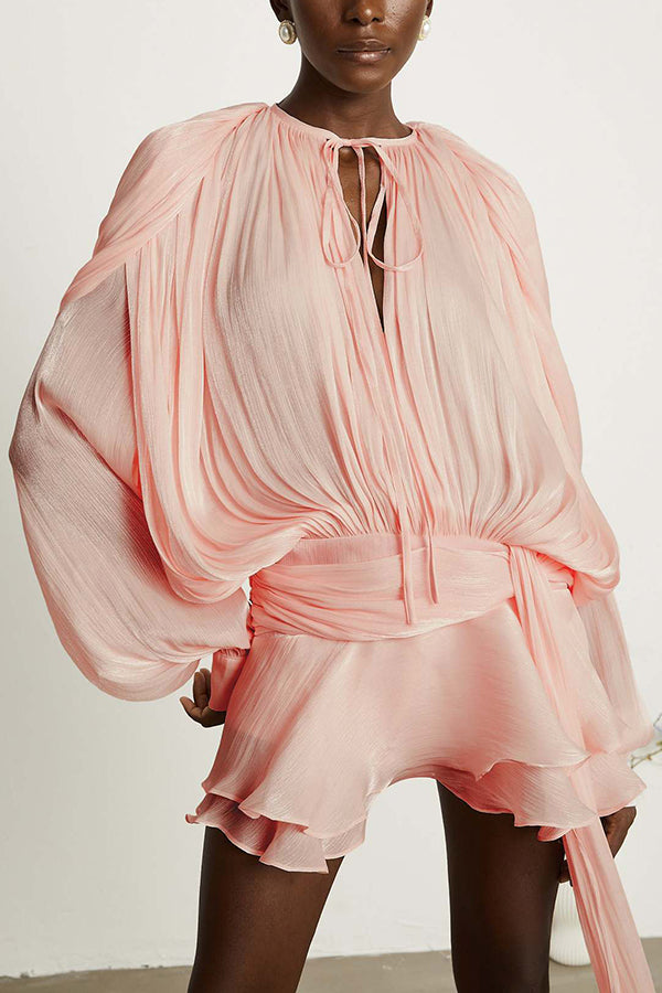 Solid Color Long-sleeved Belted Asymmetrical Mini Dress and Elastic Waist Casual Shorts Set