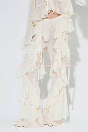 Fashionable Ruffled Elastic Waist Holiday Style Flared Pants