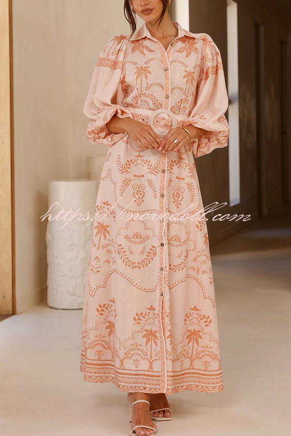 Linen Blend Lapel Puff Sleeve Casual Waist Belted Maxi Dress