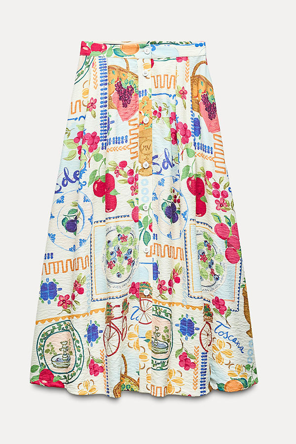 Linen-blend Fruit Print Halterneck Pleated Top and Pocket Button-down Maxi Skirt Set