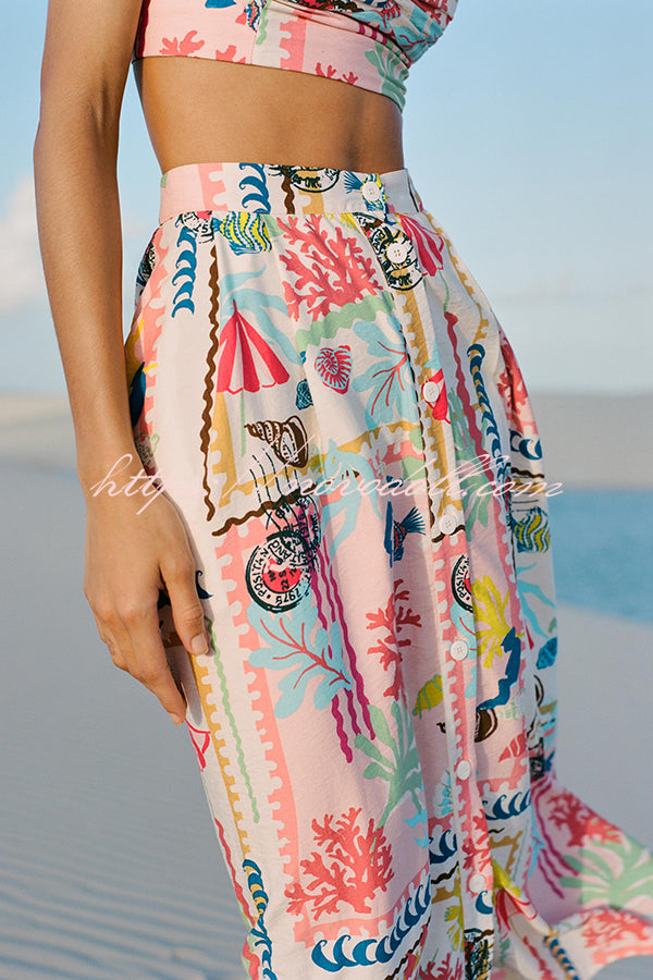 Multicolor Printed Sexy V Neck Halter Top and Midi Button-down Skirt Set