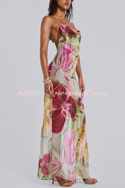 Floral Print Sexy Backless Slit See-Through Holiday Maxi Dress