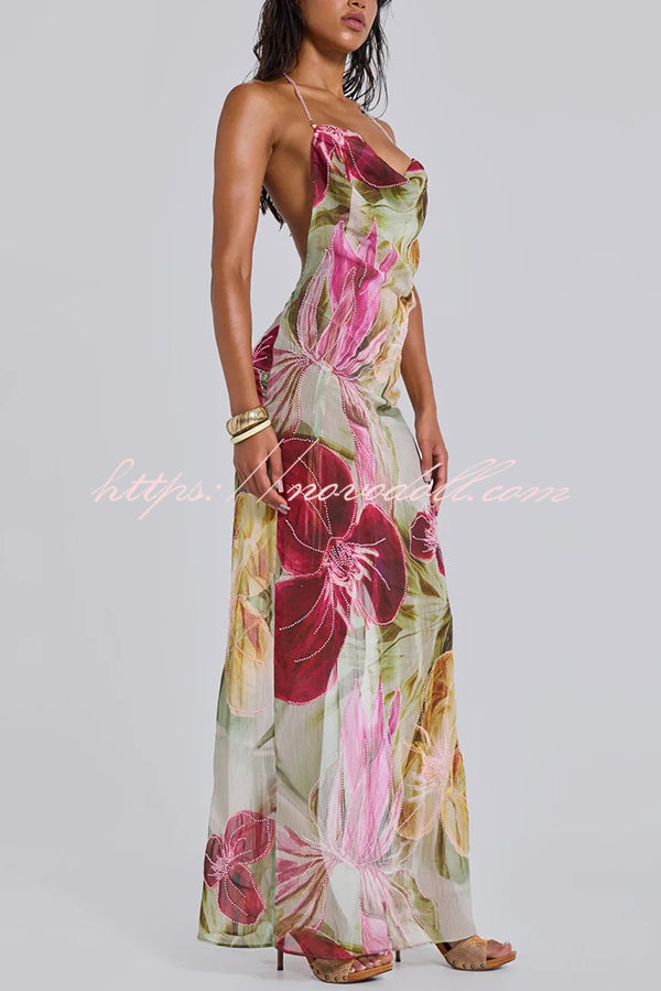 Floral Print Sexy Backless Slit See-Through Holiday Maxi Dress