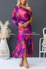 Winona Satin Floral Print One Shoulder Balloon Sleeve Tie-up Maxi Dress