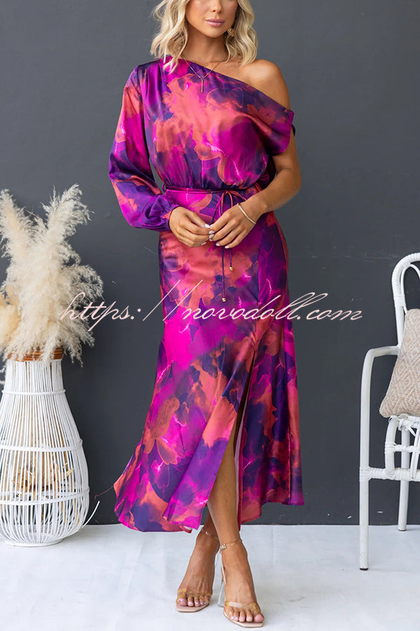 Winona Satin Floral Print One Shoulder Balloon Sleeve Tie-up Maxi Dress