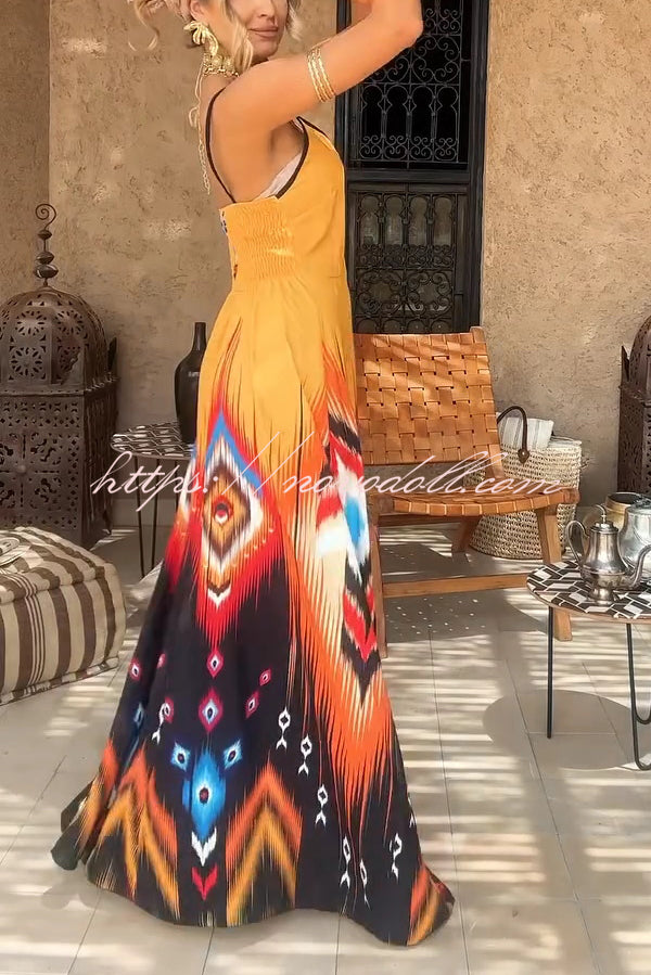 Unique Printed Suspender V-neck Loose Maxi Dress