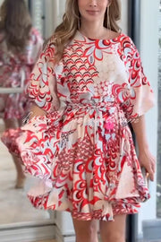 Unique Printed Round Neck Short Sleeve Waist Tie Vacation Mini Dress