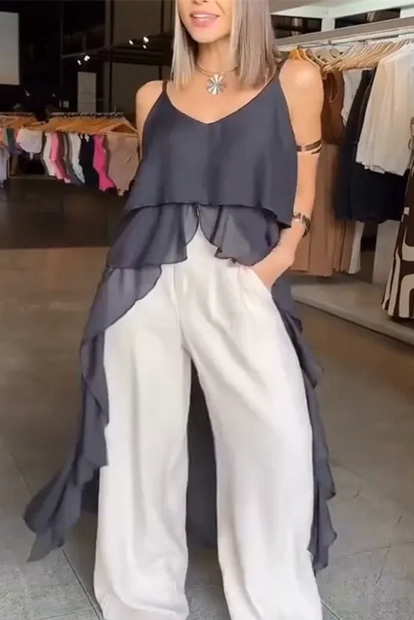 Solid Color V-neck Ruffled Irregular Loose Top
