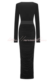 Sexy See-through Long-sleeved V-neck Pleated Slim-fit Maxi Dress