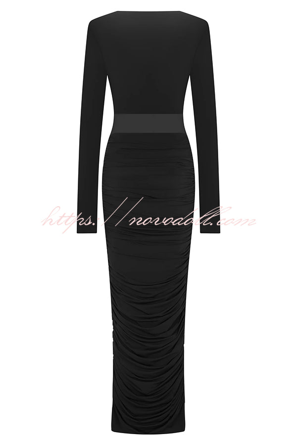 Sexy See-through Long-sleeved V-neck Pleated Slim-fit Maxi Dress