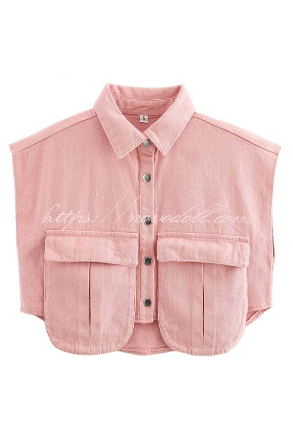 Stylish Weekend Denim Button Up Cape Sleeve Pocket Crop Top