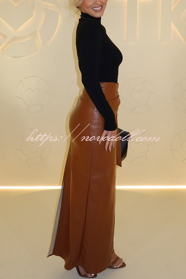 Snappy Casual Slay Faux Leather High Rise Wrap Tie-up Stretch Maxi Skirt