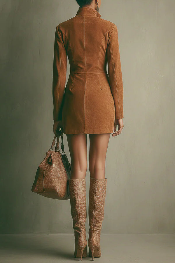 Solid Color Suede Long-sleeved Collared Zippered Casual Pocket Mini Dress