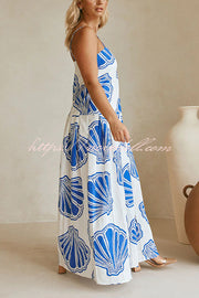 Linen Blend Shell Print Loose Strappy Resort Style Maxi Dress