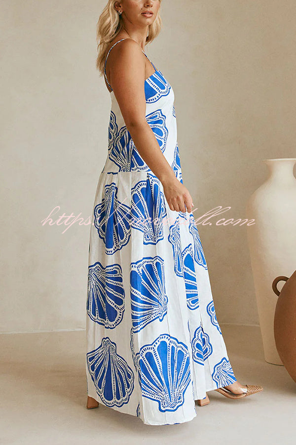 Linen Blend Shell Print Loose Strappy Resort Style Maxi Dress